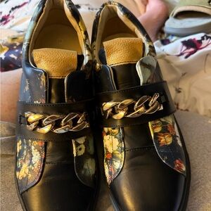 Custom Girotti Milano Floral Black Leather Sneakers with Chain Detail